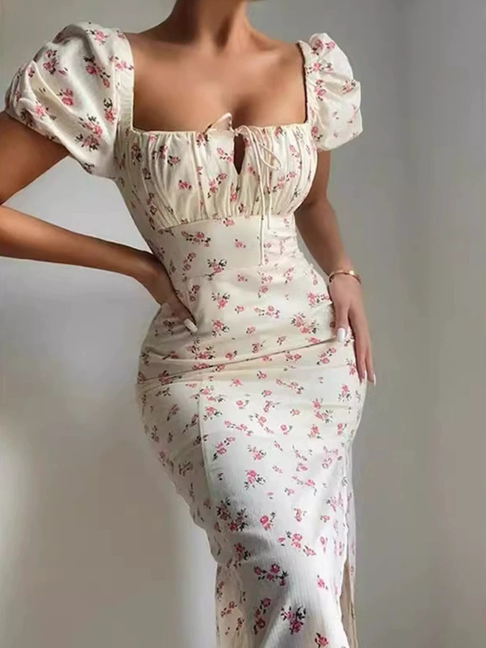 ZARA French Vintage Floral Puff Sleeve Long Dress Slim Fit Slit
